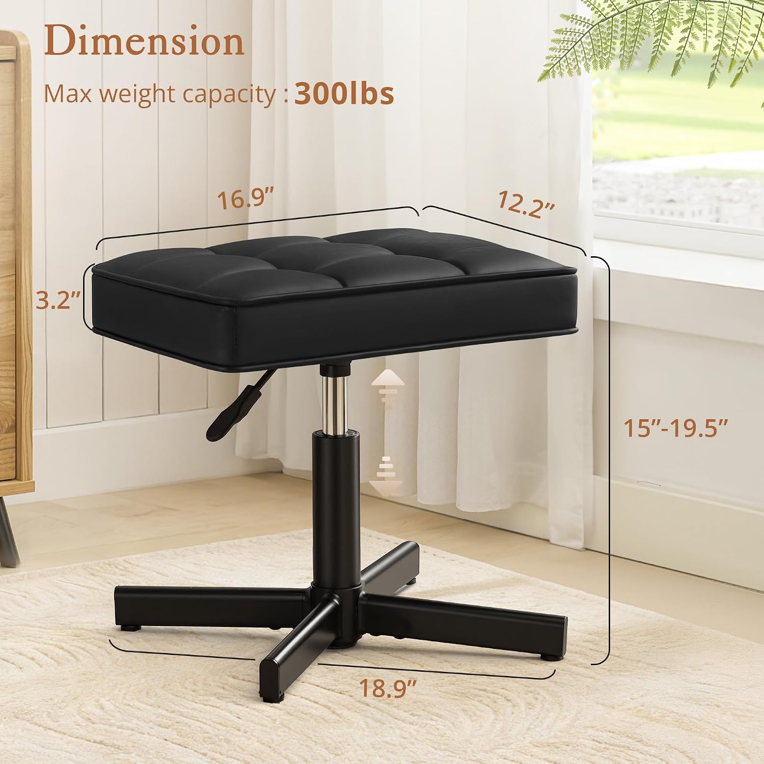 LUE BONA Adjustable Vanity Stool, Foot Rest Under Desk, 360° Swivel Vanity Chair for Makeup Room, Black Upholstered Faux Leather Ottoman for Bathroom & Living Room, 300lbs