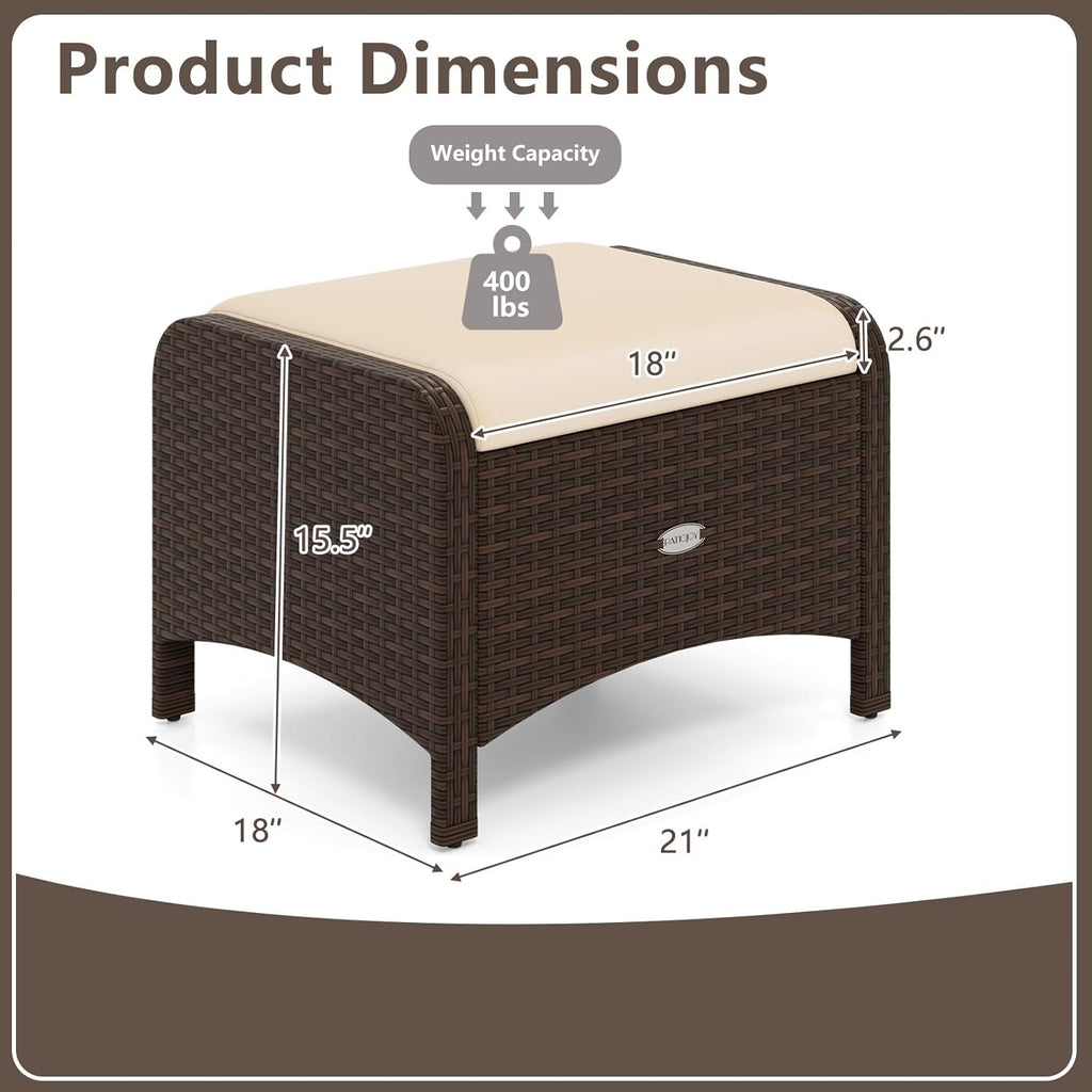 RELAX4LIFE Wicker Outdoor Ottomans for Patio - Set of 2 Rattan Footstools w/Removable Cushions, Multipurpose Outside Foot Rest, Side Table & Additional Seating for Porch Garden Backyard (Beige)