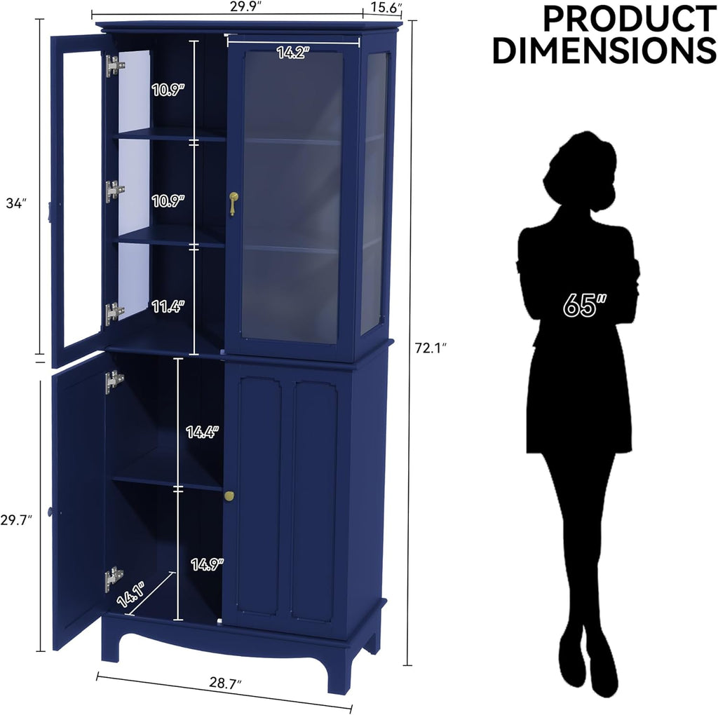 ARTPOWER 72" Freestanding Kitchen Pantry Storage Sideboard, Classical Tall Cabinet with Glass Door and Adjustable Shelves for Kitchen, Livingroom and Dining Room, Navy Blue