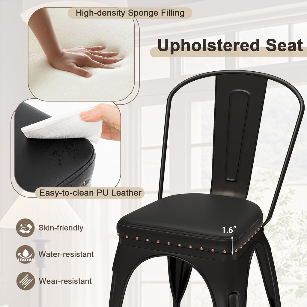 GIANTEX Metal Dining Chairs Set of 4, Stackable Armless Kitchen Side Chair with Detachable Backrest & PU Leather Padded Seat, Modern Dinette Chairs for Dining Room, Cafe, Restaurant, Bar (Black)