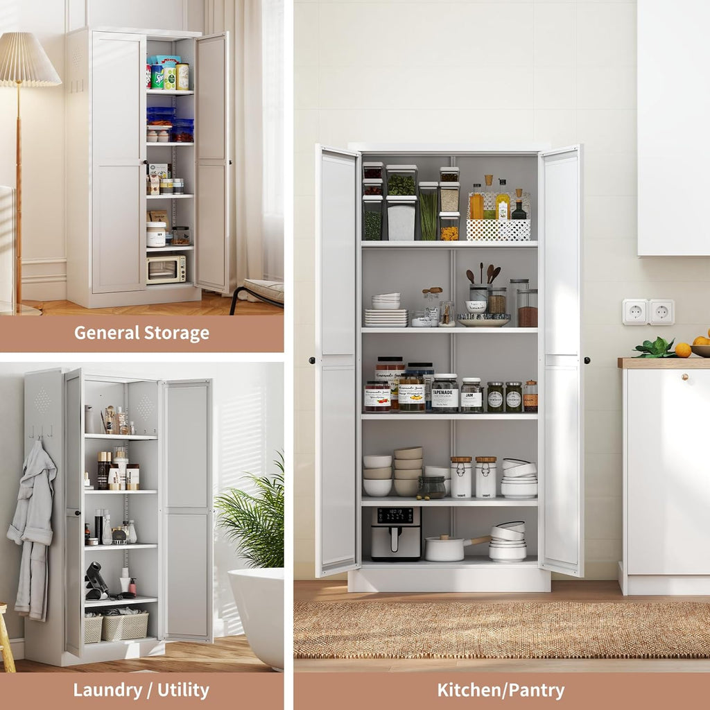 White Metal Kitchen Pantry Cabinet, Adjustable Shelves Storage Cabinet with Silent Magnetic Door, Freestanding Storage Cabinet for Small Kitchen Living Room Pantry, 27.6x13.8x72 Inches
