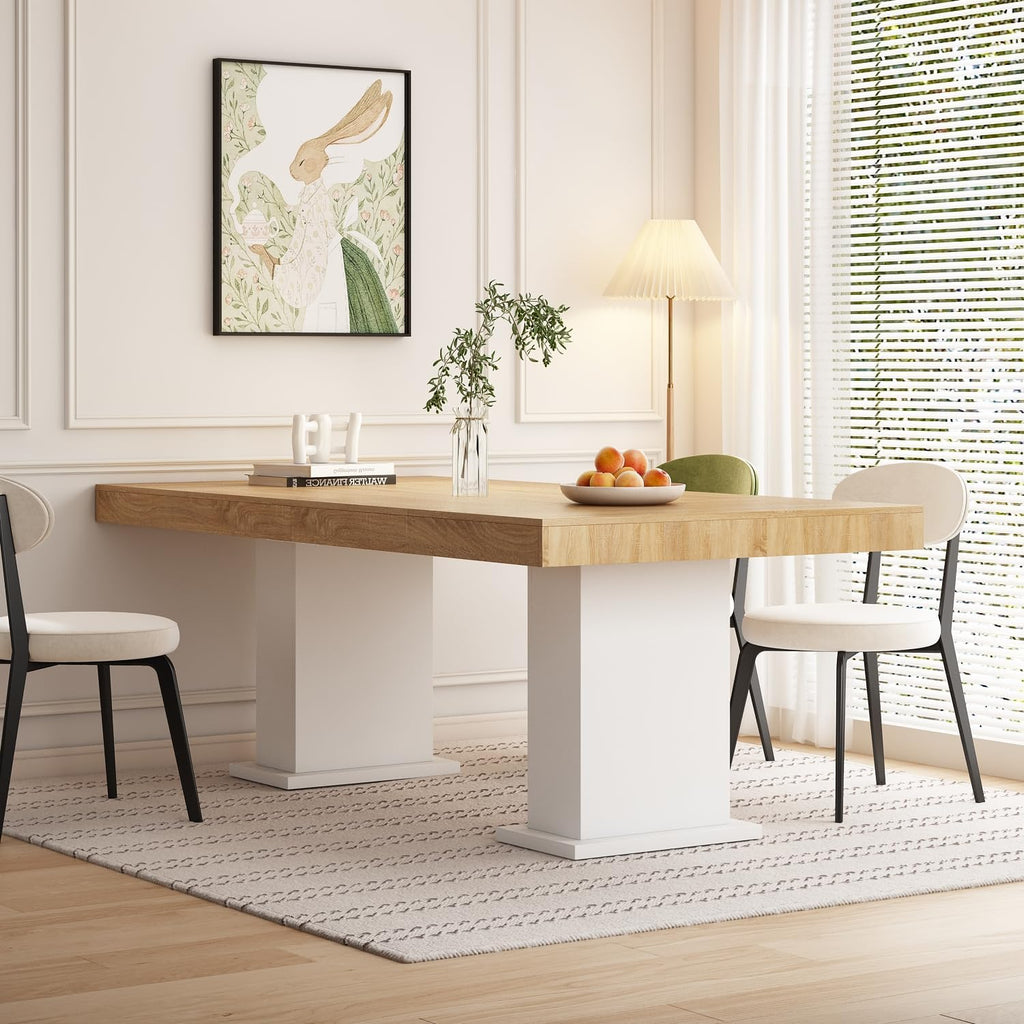 Modern Dining Table for 6-8 People, 78.7" Wood Kitchen Table with Stylish Pedestal, Long Rectangle Wooden Dinner Table for Dining Room, Brown & White