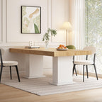 Modern Dining Table for 6-8 People, 78.7" Wood Kitchen Table with Stylish Pedestal, Long Rectangle Wooden Dinner Table for Dining Room, Brown & White