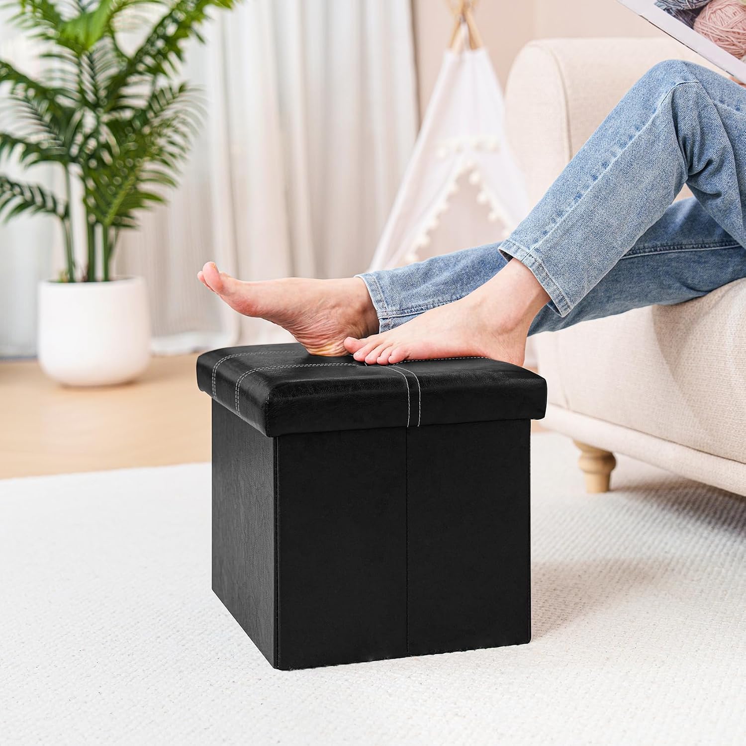 B FSOBEIIALEO Folding Storage Ottoman, 16.5" Faux Leather Ottomans, Black | Small Ottoman Foot Rest with Padded Seat, Rectangle Coffee Table Chest Bench, for Dorm Living Room