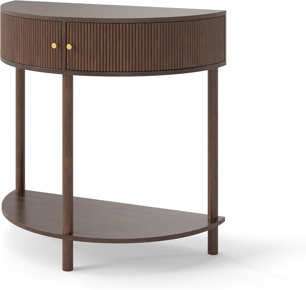 Knocbel Half Moon Console Table with Wave-Pattern Door, Semi-Circle Sofa End Table with 2 Storage Drawers and Bottom Shelf for Entryway Living Room, 31.5" W x 15.75" D x 32.3" H, Brown