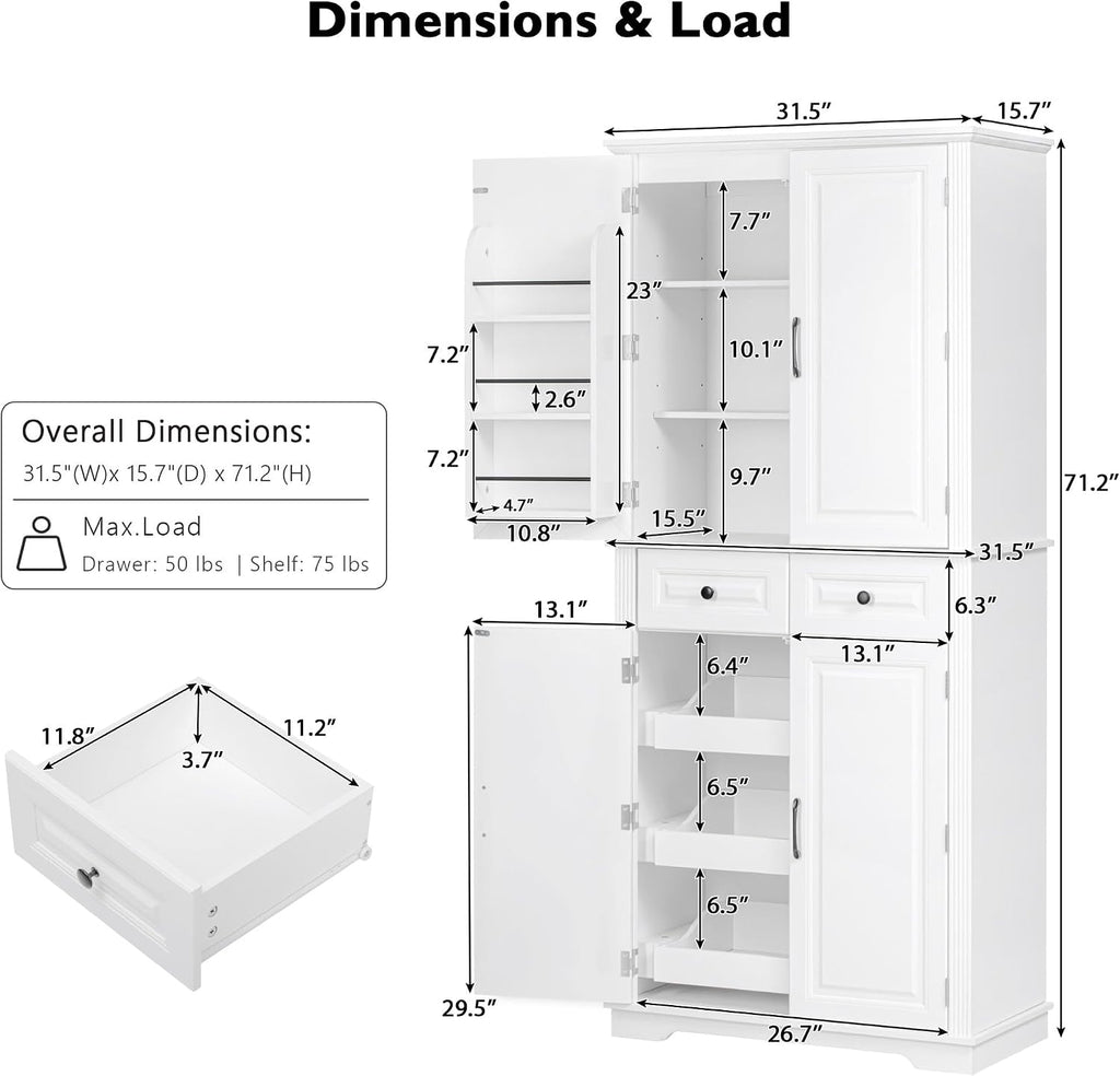 71" Tall Kitchen Pantry Cabinet with Storage, Cupboard for Kitchen