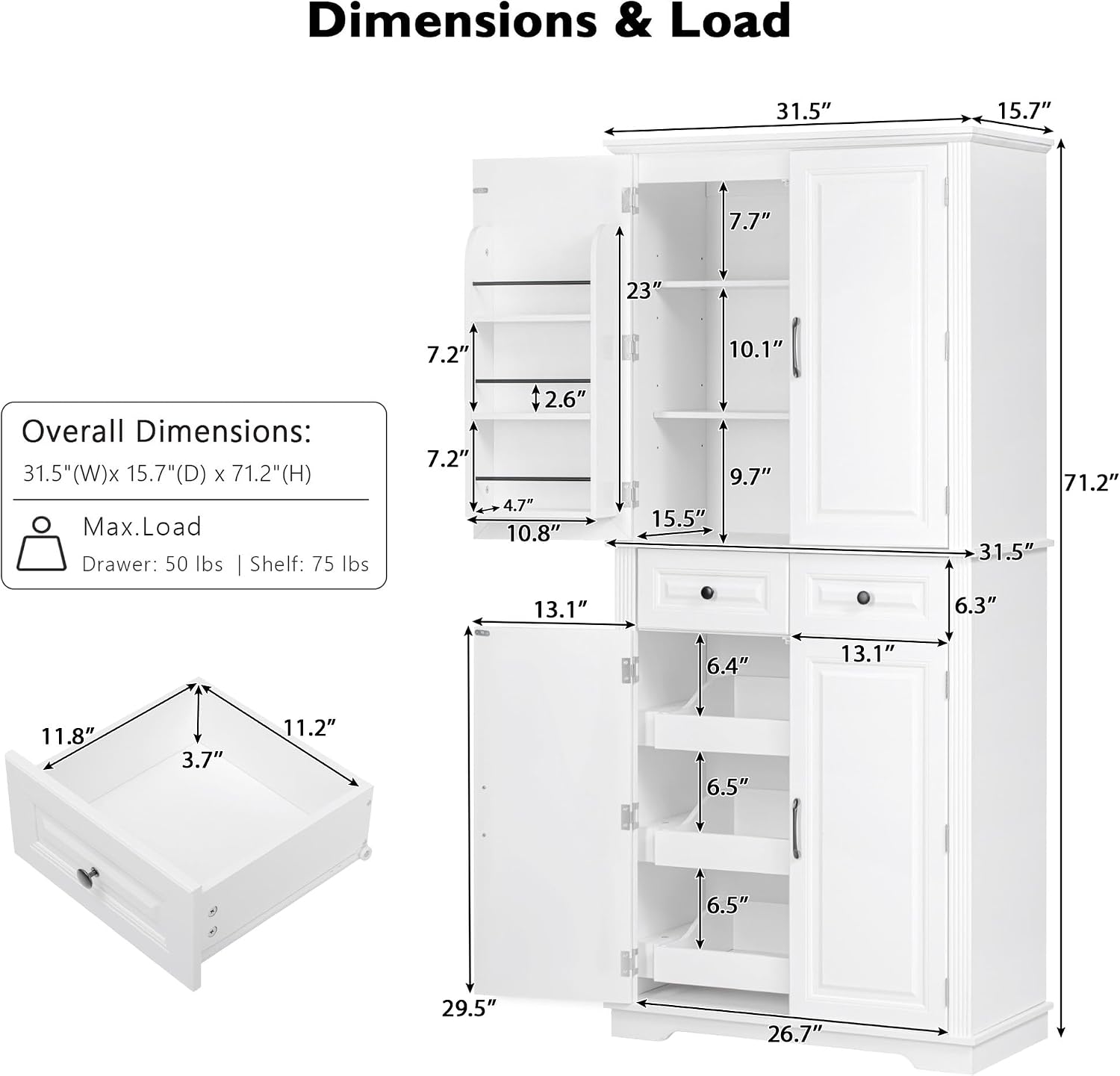 71" Tall Kitchen Pantry Cabinet with Storage, Cupboard for Kitchen