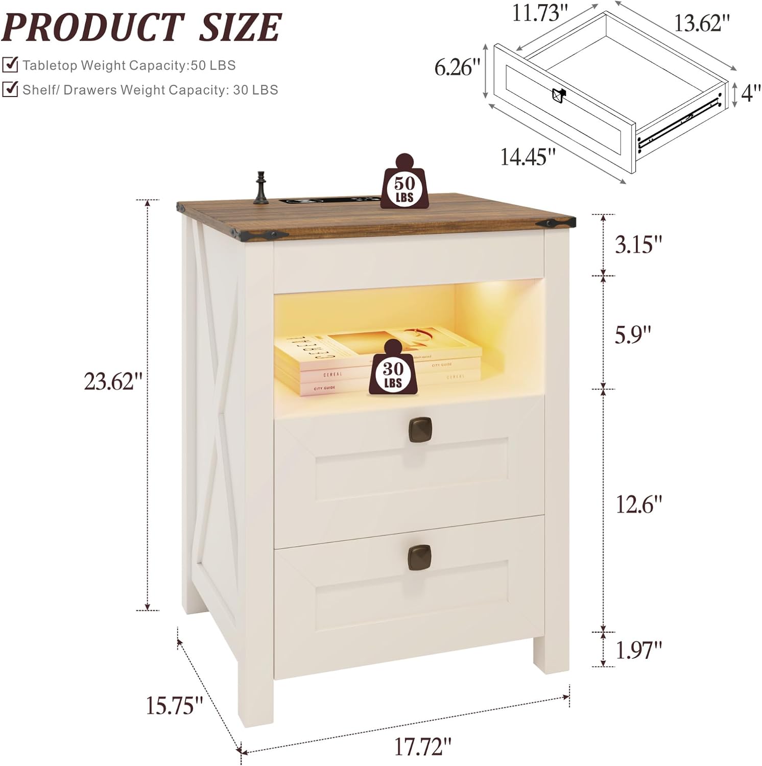 HWB LED Nightstand Set of 2 with Gun Drawer: Bedside Table with Charging Station for Bedroom Furniture – Farmhouse Night Stand with 3 Colors Smart Human Sensor Lights for Living Room End Table, White