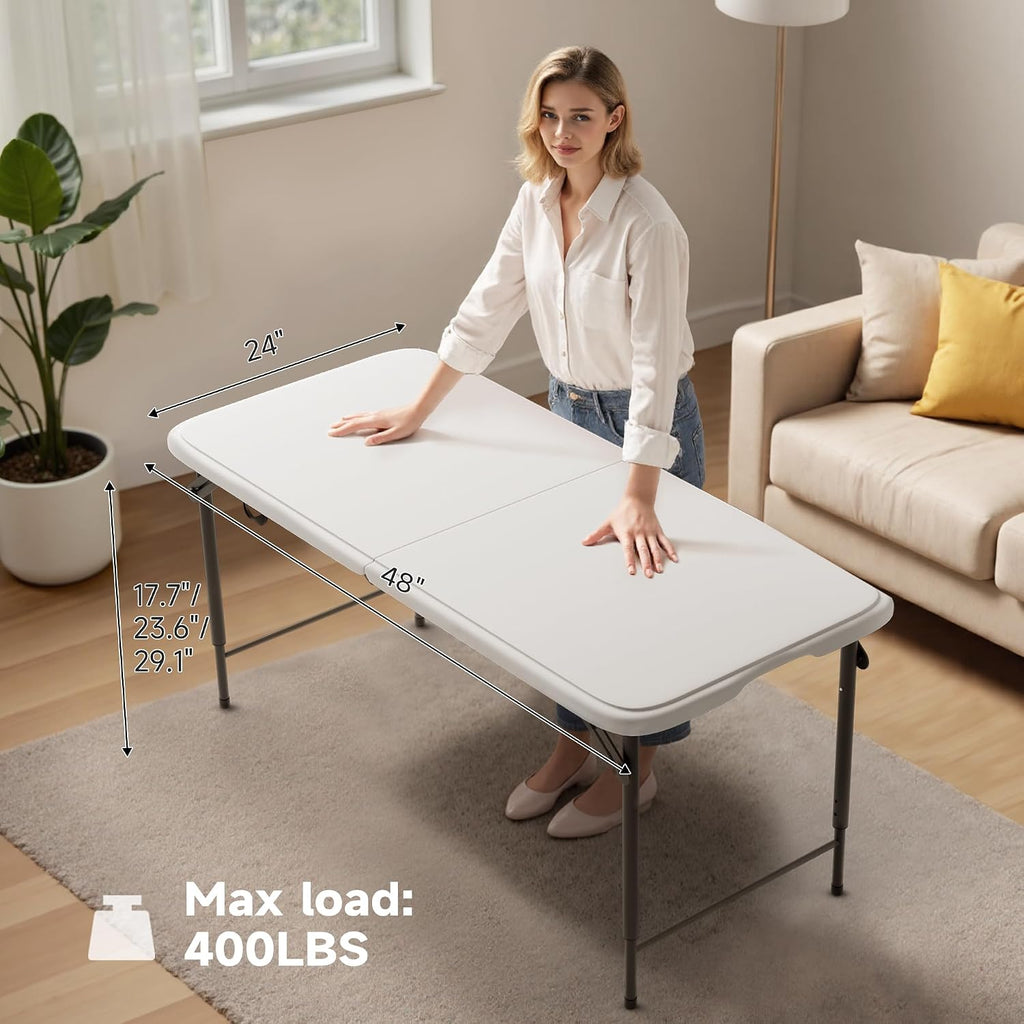 Folding Table 4 Foot - 3-Position Adjustable Height, Heavy Duty 400 lbs Capacity - Portable Tables Folding for Camping, Party, Indoor & Outdoor Use, 2 Pack