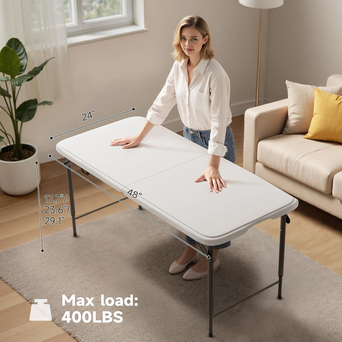 Folding Table 4 Foot - 3-Position Adjustable Height, Heavy Duty 400 lbs Capacity - Portable Tables Folding for Camping, Party, Indoor & Outdoor Use, 2 Pack
