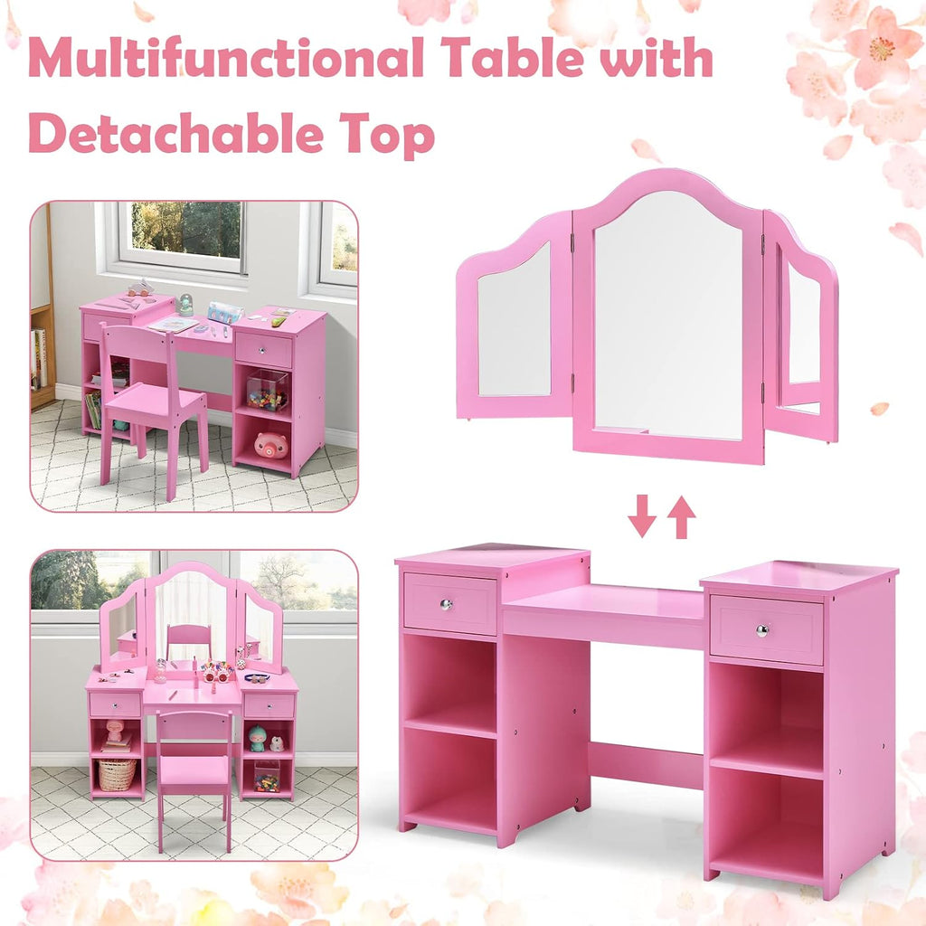 INFANS Kids Vanity, 2 in 1 Princess Makeup Desk and Chair Set with Drawers Tri-Folding Detachable Mirror Large Storage Shelves, Wooden Dressing Table, Pretend Play Vanity Set for Toddler Girls