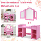 INFANS Kids Vanity, 2 in 1 Princess Makeup Desk and Chair Set with Drawers Tri-Folding Detachable Mirror Large Storage Shelves, Wooden Dressing Table, Pretend Play Vanity Set for Toddler Girls