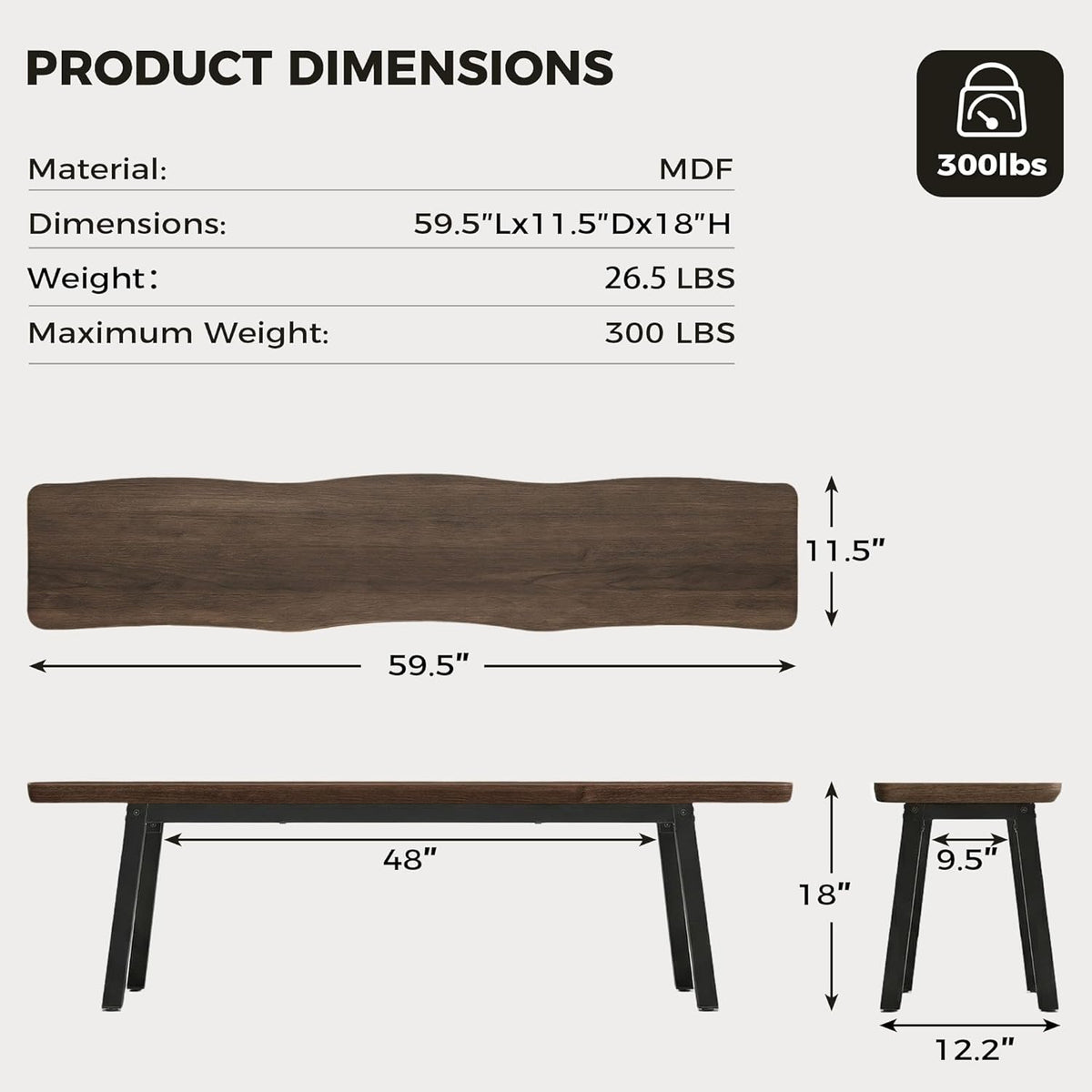 FUQARHY 59” Dining Bench Pair of 2 for 6-8 Person, Farmhouse Long Kitchen Table Benches, Entryway Bench, Indoor Bench (Walnut)