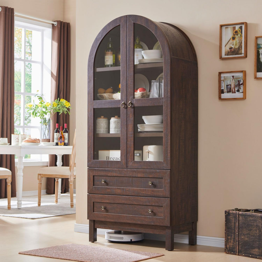 IFGET 71" Tall Arched Kitchen Pantry, Kitchens Storage Cabinets, Brown | Modern Farmhouse Wood Pantry w/2 Large Drawers and Adjustable Shelves, Versatile Cupboard for Kitchen, Dining Room, Bathroom