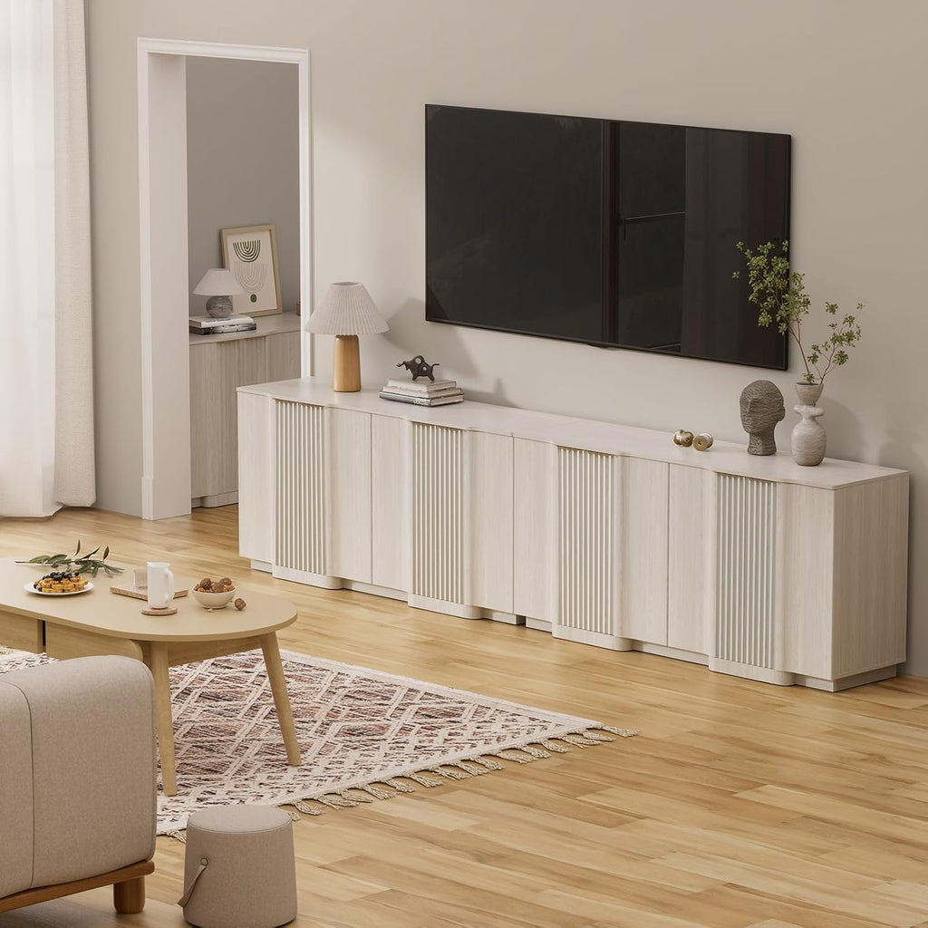 Brafab Buffet Cabinet, 55" Modern Farmhouse Accent Sideboard Cabinet with 4 Doors, Wood Fluted Credenza for Living Room and Kitchen, White