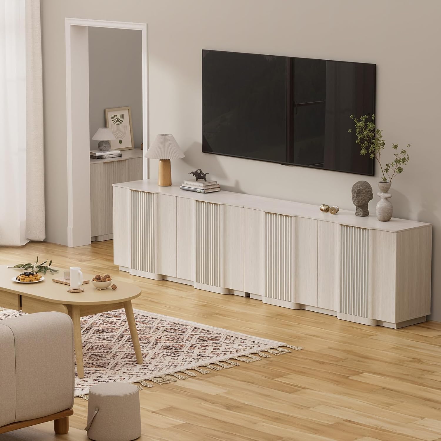 Brafab Buffet Cabinet, 55" Modern Farmhouse Accent Sideboard Cabinet with 4 Doors, Wood Fluted Credenza for Living Room and Kitchen, White
