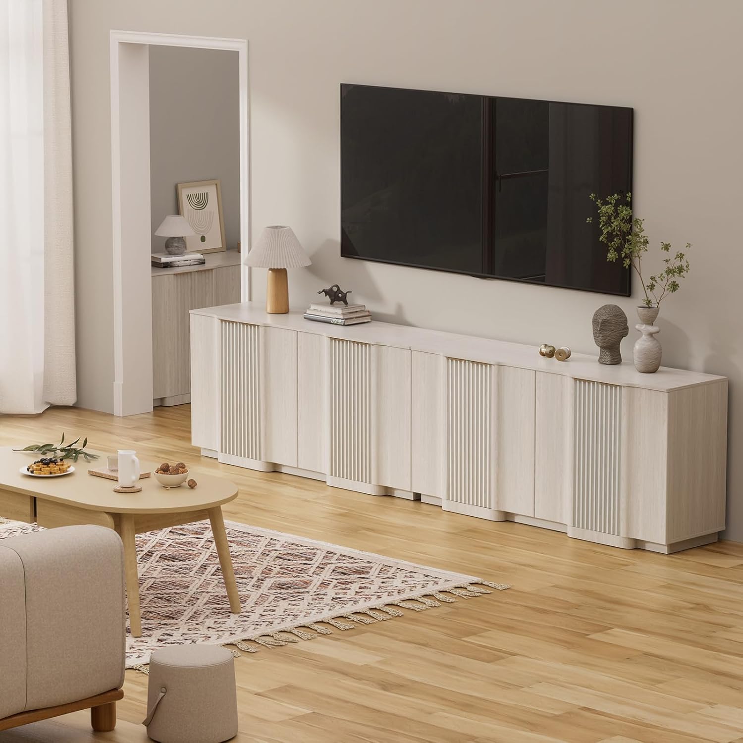 Brafab Buffet Cabinet, 110" Modern Farmhouse Accent Sideboard Cabinet with 8 Doors, Wood Fluted Credenza for Living Room and Kitchen, White