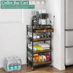 XYZLVSI Rolling Utility Cart, 4 Tier Coffee Cart Station with Drawer | Metal craft storage cart, nail cart with wheels, ideal for living room/entryway/bathroom/office/makeup, wire basket, hooks