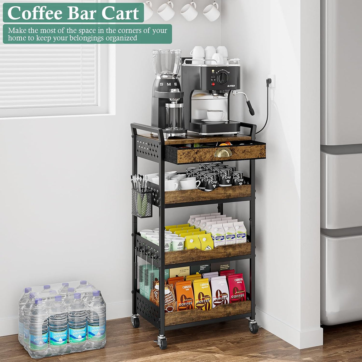 XYZLVSI Rolling Utility Cart, 4 Tier Coffee Cart Station with Drawer | Metal craft storage cart, nail cart with wheels, ideal for living room/entryway/bathroom/office/makeup, wire basket, hooks