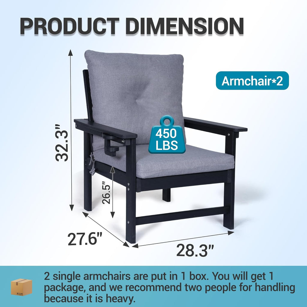 Set of 2 HDPE Adirondack Patio Armchairs, All Weather Outdoor Lounge Chairs w/ 3.5'' Thick Washable Cushions & Cup Holders, Rustproof 304 Stainless Steel Hardware for Garden Deck Poolside, Black