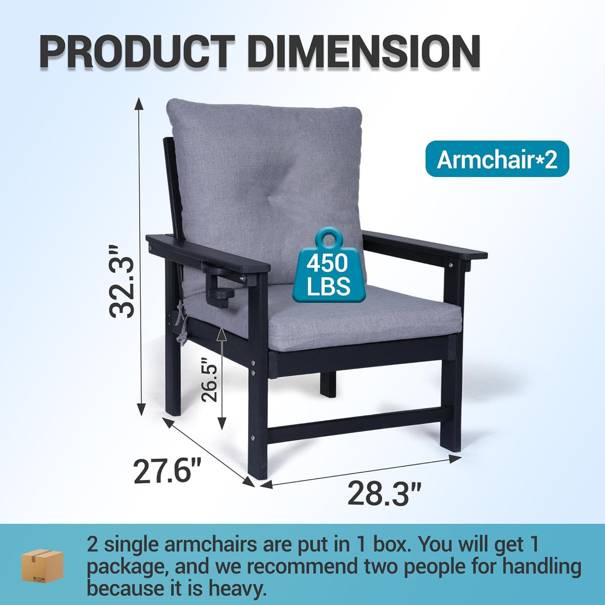 Set of 2 HDPE Adirondack Patio Armchairs, All Weather Outdoor Lounge Chairs w/ 3.5'' Thick Washable Cushions & Cup Holders, Rustproof 304 Stainless Steel Hardware for Garden Deck Poolside, Black