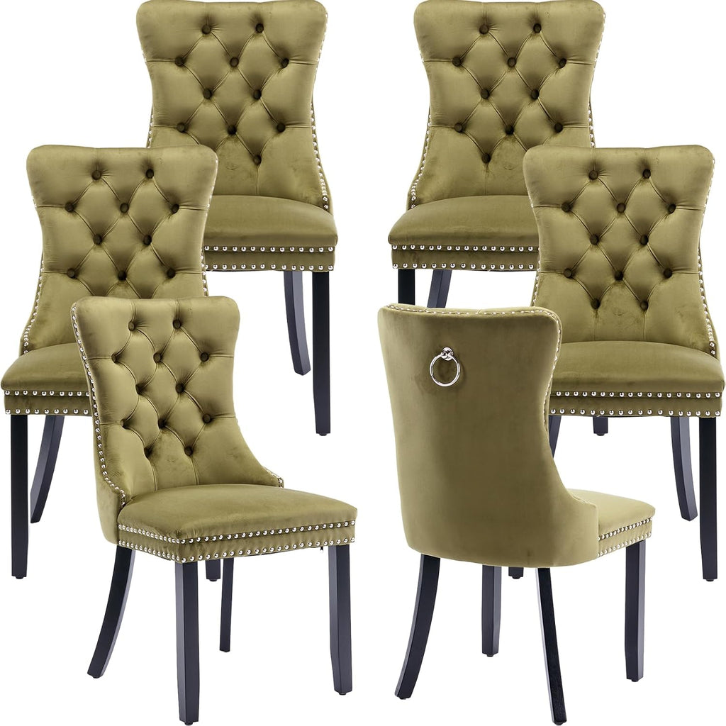 OVENTA Modern Tufted Upholstered Dining Chairs Set of 6, Olive Green Velvet Dining Room Chair with Solid Wood Legs, Sillas de Comedor, Kitchen Chairs (Olive Green, Velvet Set of 6)