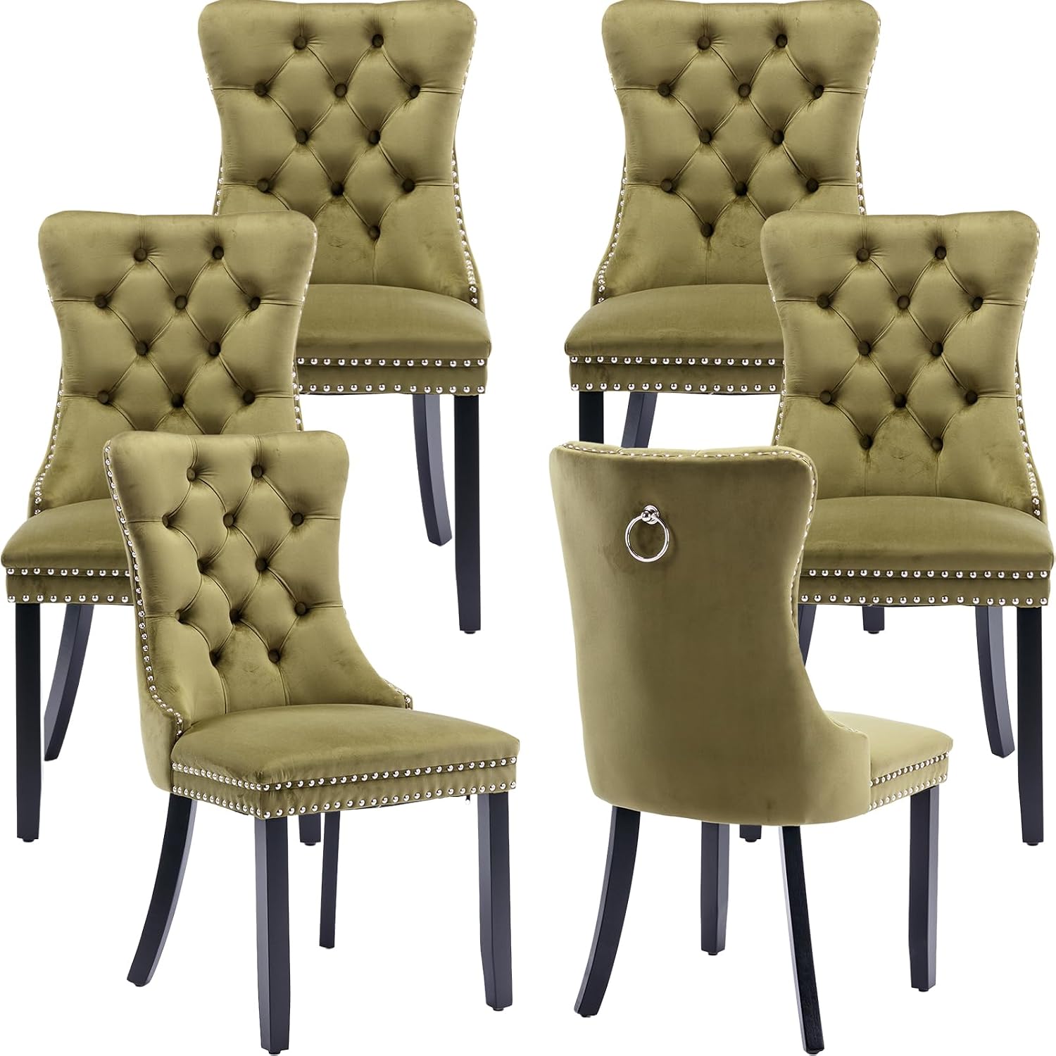 OVENTA Modern Tufted Upholstered Dining Chairs Set of 6, Olive Green Velvet Dining Room Chair with Solid Wood Legs, Sillas de Comedor, Kitchen Chairs (Olive Green, Velvet Set of 6)