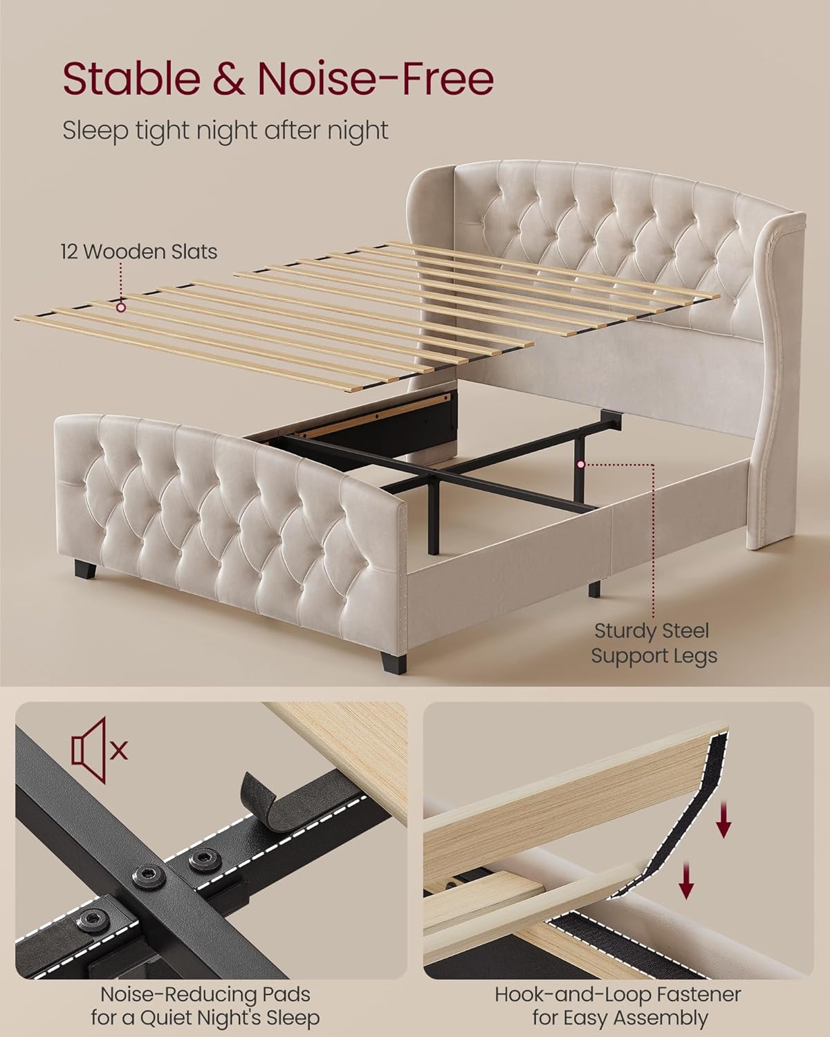 VASAGLE Queen Platform Bed Frame, Upholstered, Wooden Slats