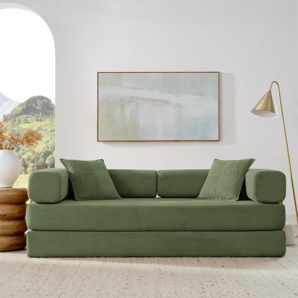 4-in-1 Folding Convertible Sofa Bed, 78 Inch Oversized Corduroy Upholstered Couch, Loveseat Sleeper with Pull Out Bed, Floor Sofa Modular Futon Couch for Living Room Bedroom Lounge, Green