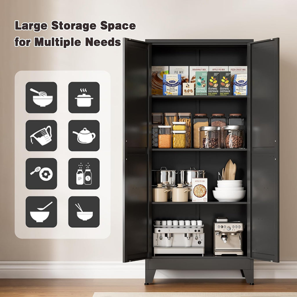 61" Tall Metal Pantry Cabinet, Kitchen Storage Cabinet with 2 Doors and 3 Adjustable Shelves for Kitchen, Living Room, Dining Room, Bathroom and Home, Office