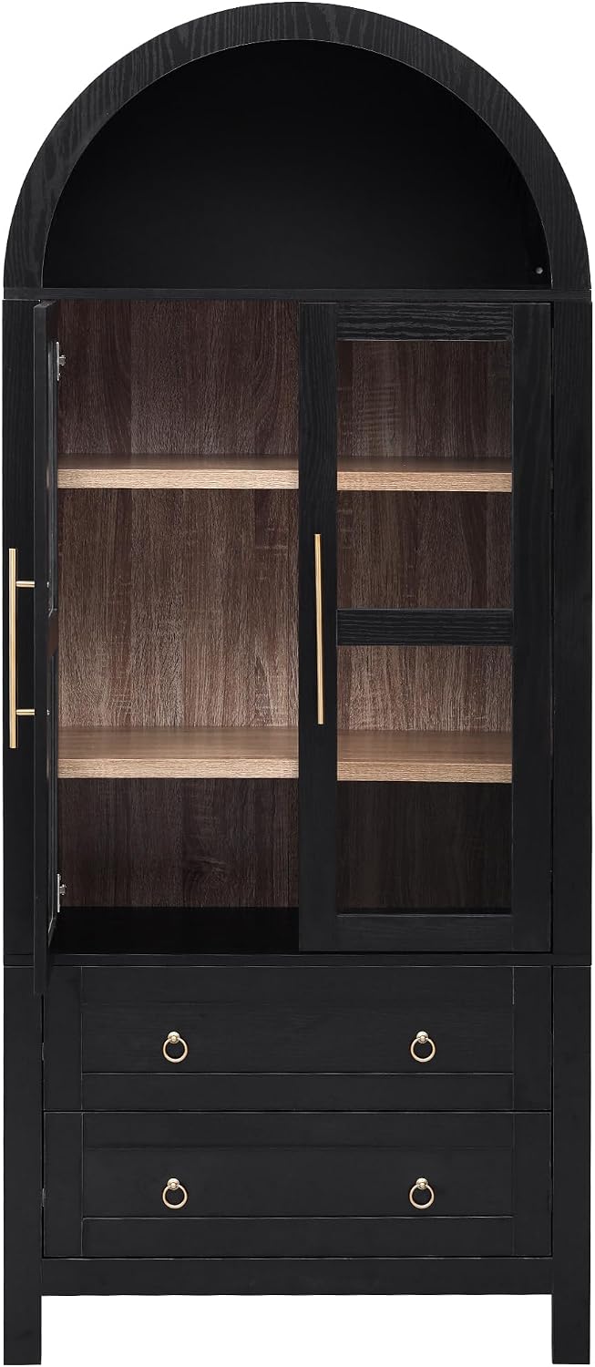 71" Tall Arched Kitchen Pantry Cabinet with Glass Doors, Modern Wood China Cabinet Storage Hutch with 2 Storage Compartment and Adjustable Shelves, Suitable for Dining Room, Coffee Bar