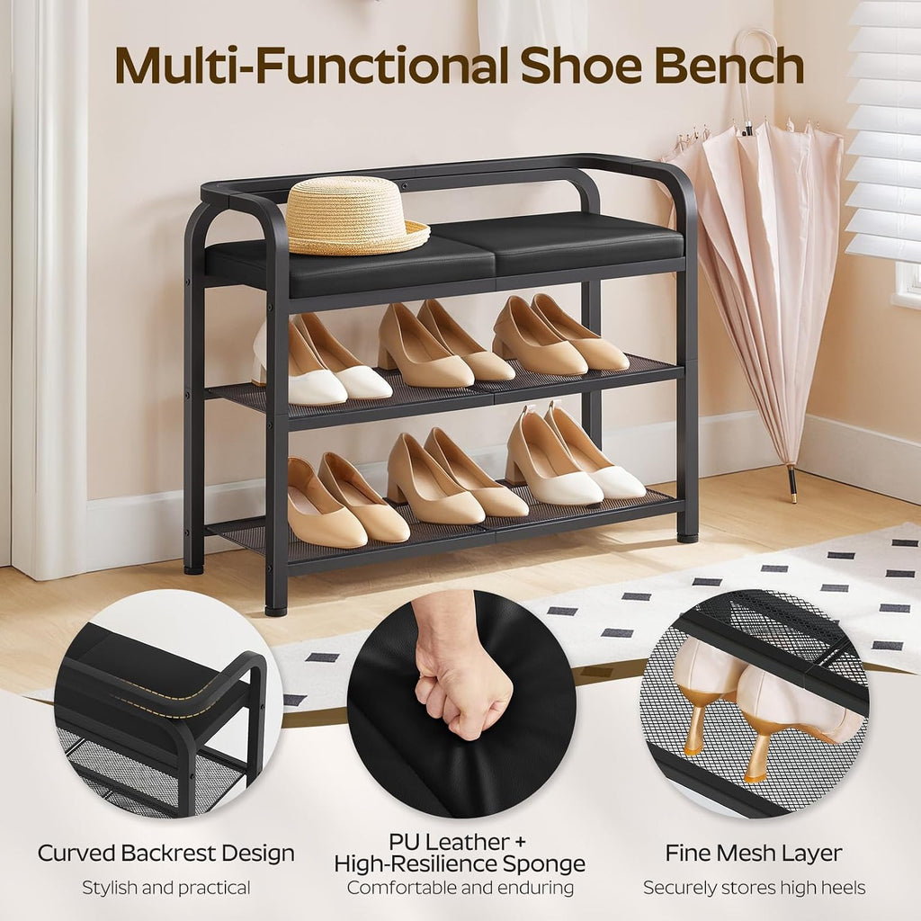 YATINEY Shoe Bench with Backrest, Entryway Bench, 2-Tier Shoe Rack with PU Padded Seat, Upholstered Shoe Storage Bench with Back, for Hallway, Entryway, Foyer, Bedroom, Black HX04BB