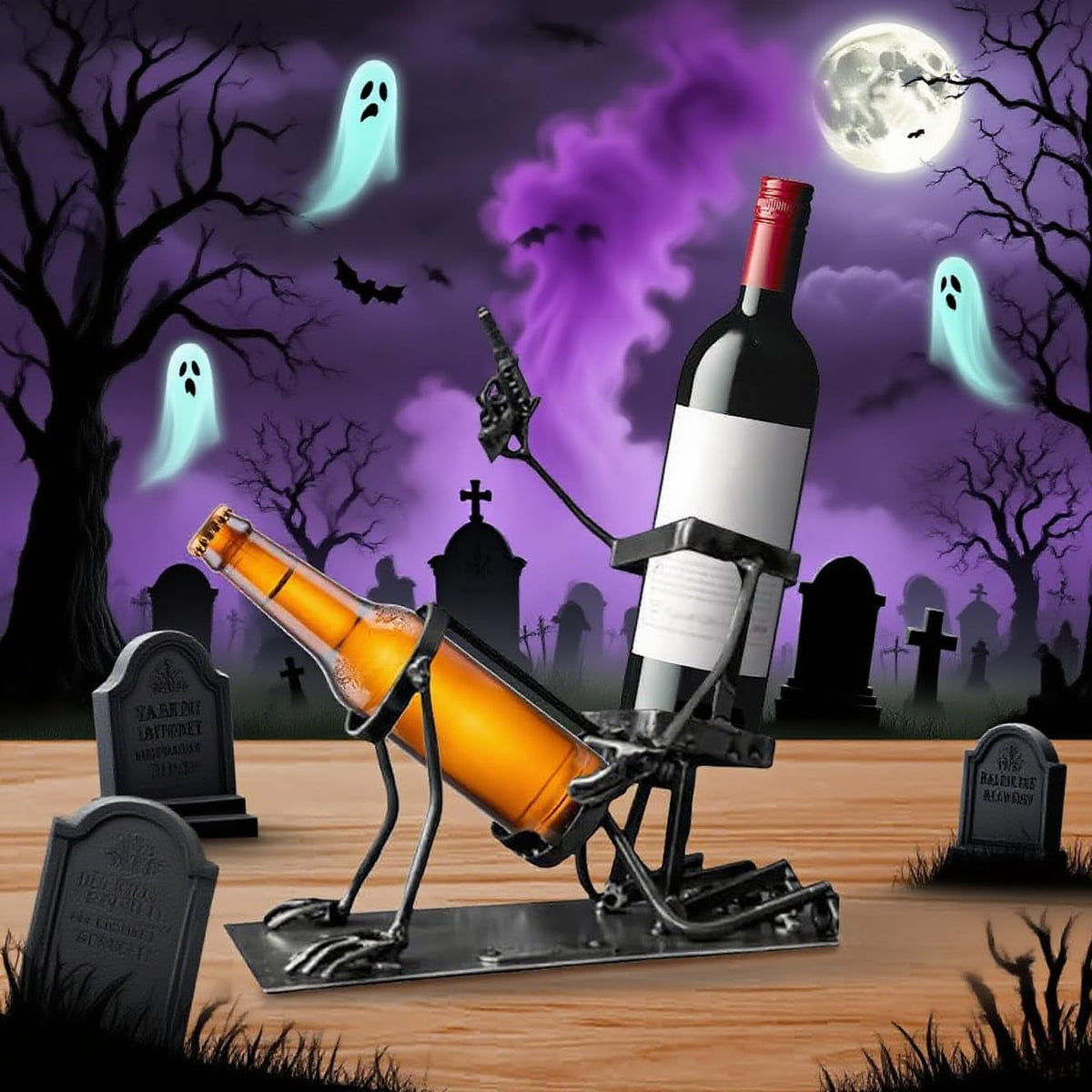 Steampunk Bar Decor for Wine, Whiskey, Beer & Soda - Funny Skeleton Beverage Display for Home Kitchen - Cool Halloween for Adults
