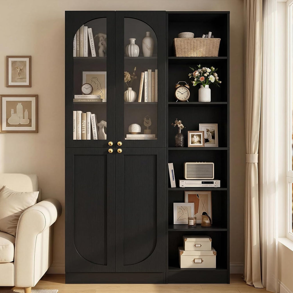 Cyclysio 80" Tall Pantry System with Tempered Glass Doors, Arched Pantries with 6-Tier Open Shelves, Wooden Cupboard Storage Organizer with Baseboard Cutout for Living Room
