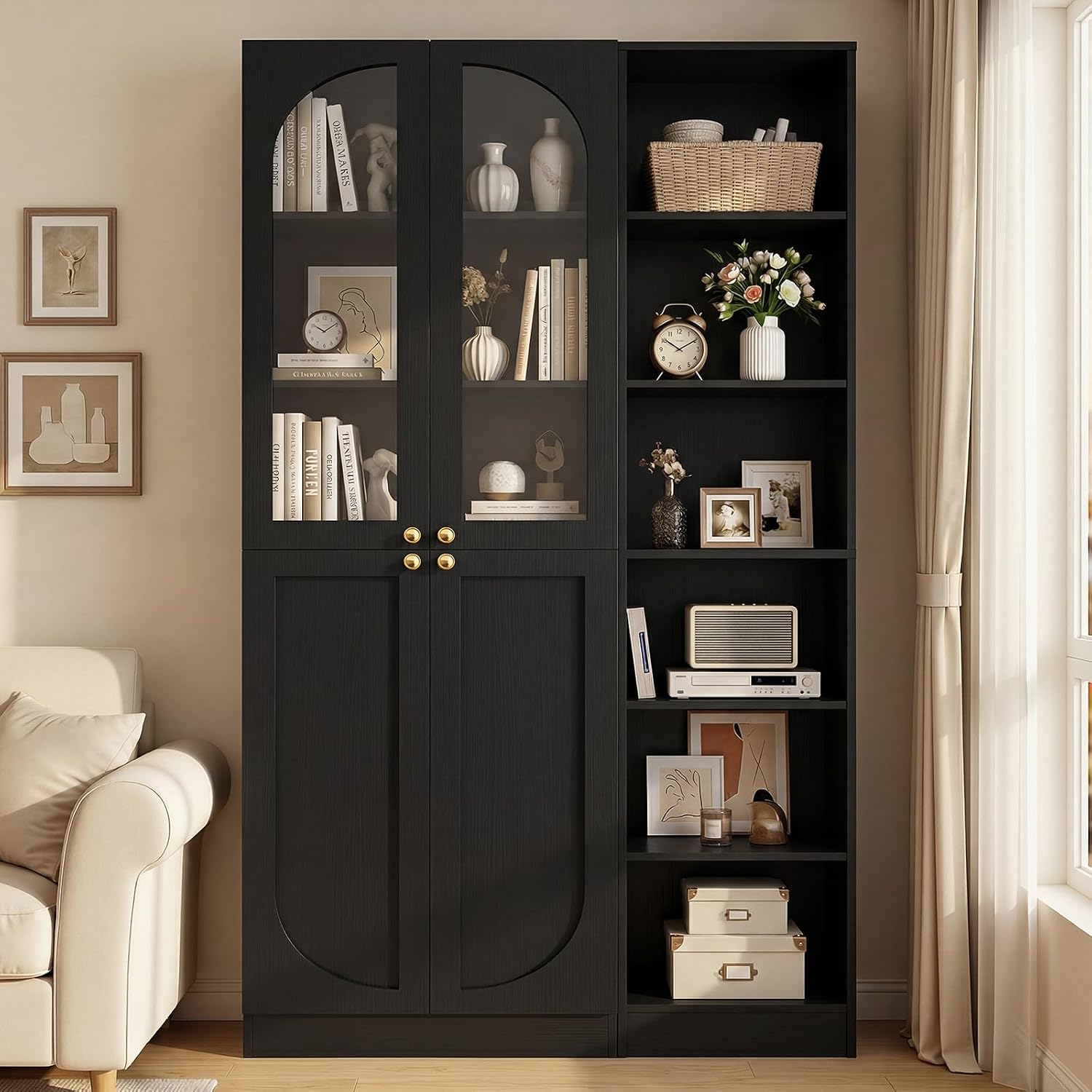Cyclysio 80" Tall Pantry System with Tempered Glass Doors, Arched Pantries with 6-Tier Open Shelves, Wooden Cupboard Storage Organizer with Baseboard Cutout for Living Room
