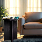 Fluted Side Table, Small Oak End Tables, Round Top, Living Room Side Table, Solid Natural Oak Wood X Base, Black Accent Bedside Table With Double Veneer Top, Size 22.5 with Levelers Included