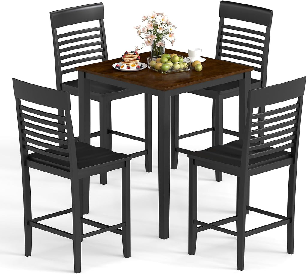 Giantex 5-Piece Dining Table Set for 4, Counter-Height Square Kitchen Table and Chairs Set with Rubber Wood Frame, Curved Back, Footrest, Bar Table Set for Small Place Dinette Breakfast Nook