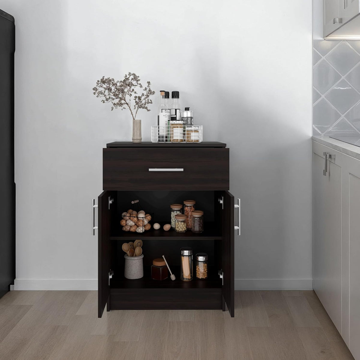 DEPOT E-SHOP 24" Barbados Pantry Cabinet 33" H with Top Drawer, Double Doors and Interior Shelves, Dark Walnut – Tall Kitchen Storage & Pantry Organization