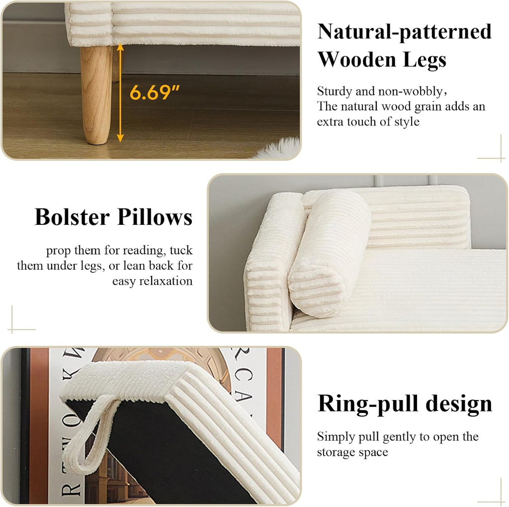 65.35" Storage Bench, Corduroy Upholstered End of Bed Bench with Bolster Pillows, Modern Storage Bench with Natural-Patterned Wooden Legs, Comfy Entryway Bench for Entryway (Beige)