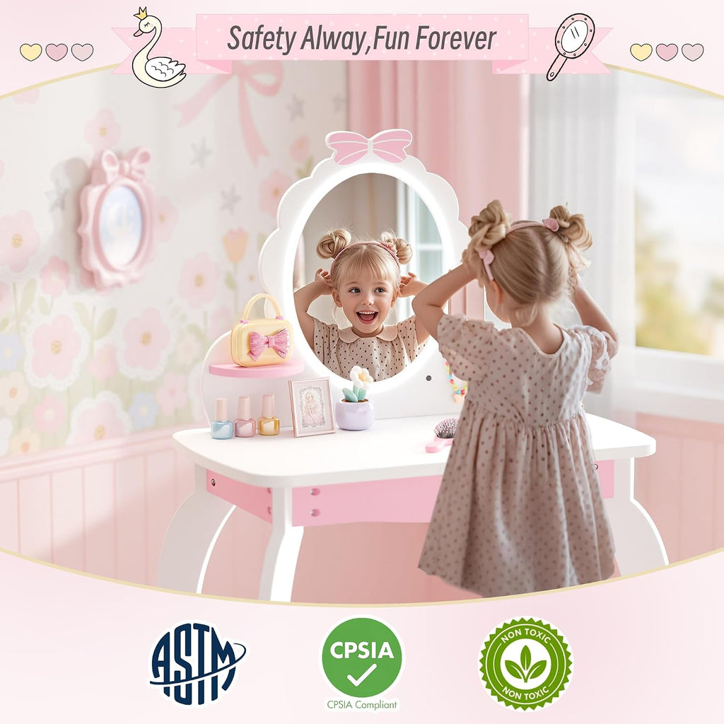 MU Kids Vanity Set with Lighted Mirror and Stool, Kids Makeup Vanity Desk with Storage Space, Bow Pattern for Girls, Toddler Princess Makeup Dressing Table with Chair Set, White