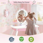 MU Kids Vanity Set with Lighted Mirror and Stool, Kids Makeup Vanity Desk with Storage Space, Bow Pattern for Girls, Toddler Princess Makeup Dressing Table with Chair Set, White