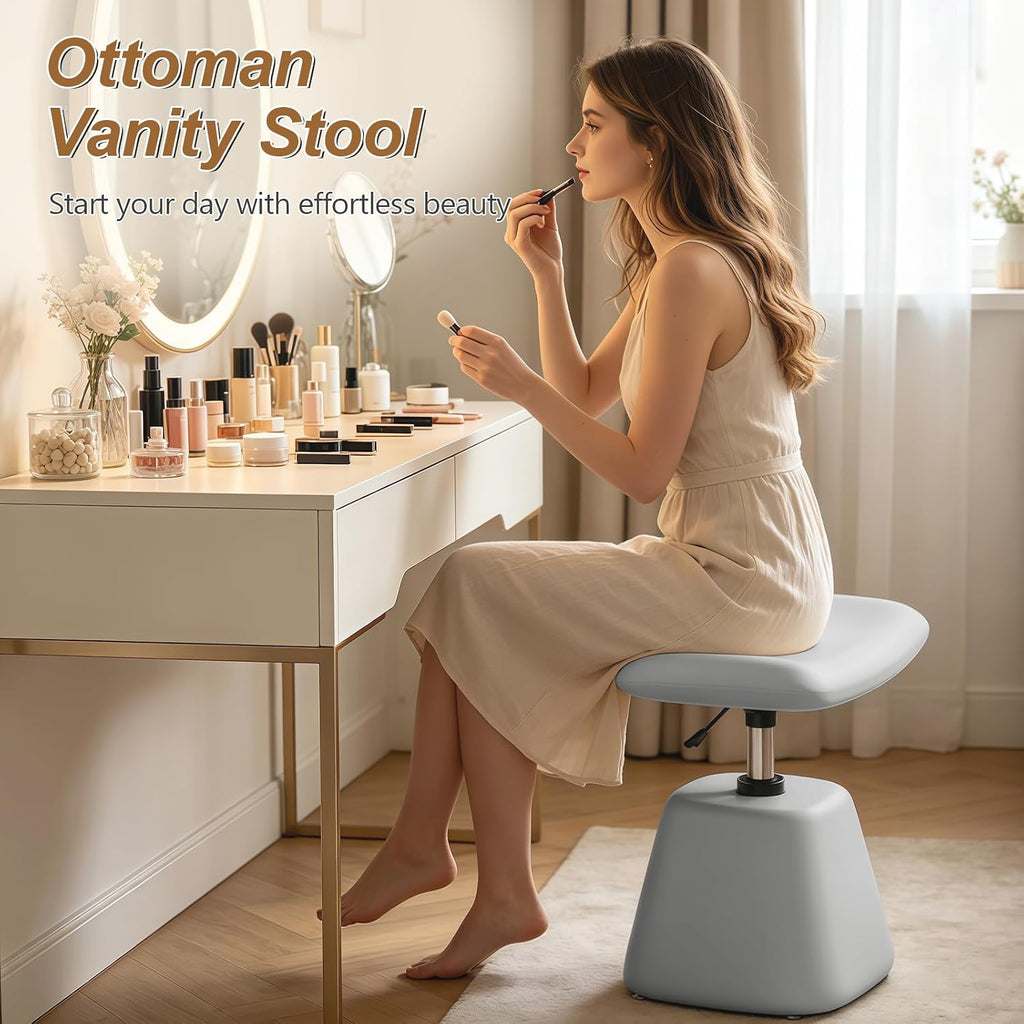 JPBSTO Small Ottoman Footrest, Modern Vanity Stool Chair Adjustable Height, Upholstered Ottoman with Soft Padded Seat Under Desk for Living Room, Vanity, Entryway, Bedroom (Gray, W-Ottoman)