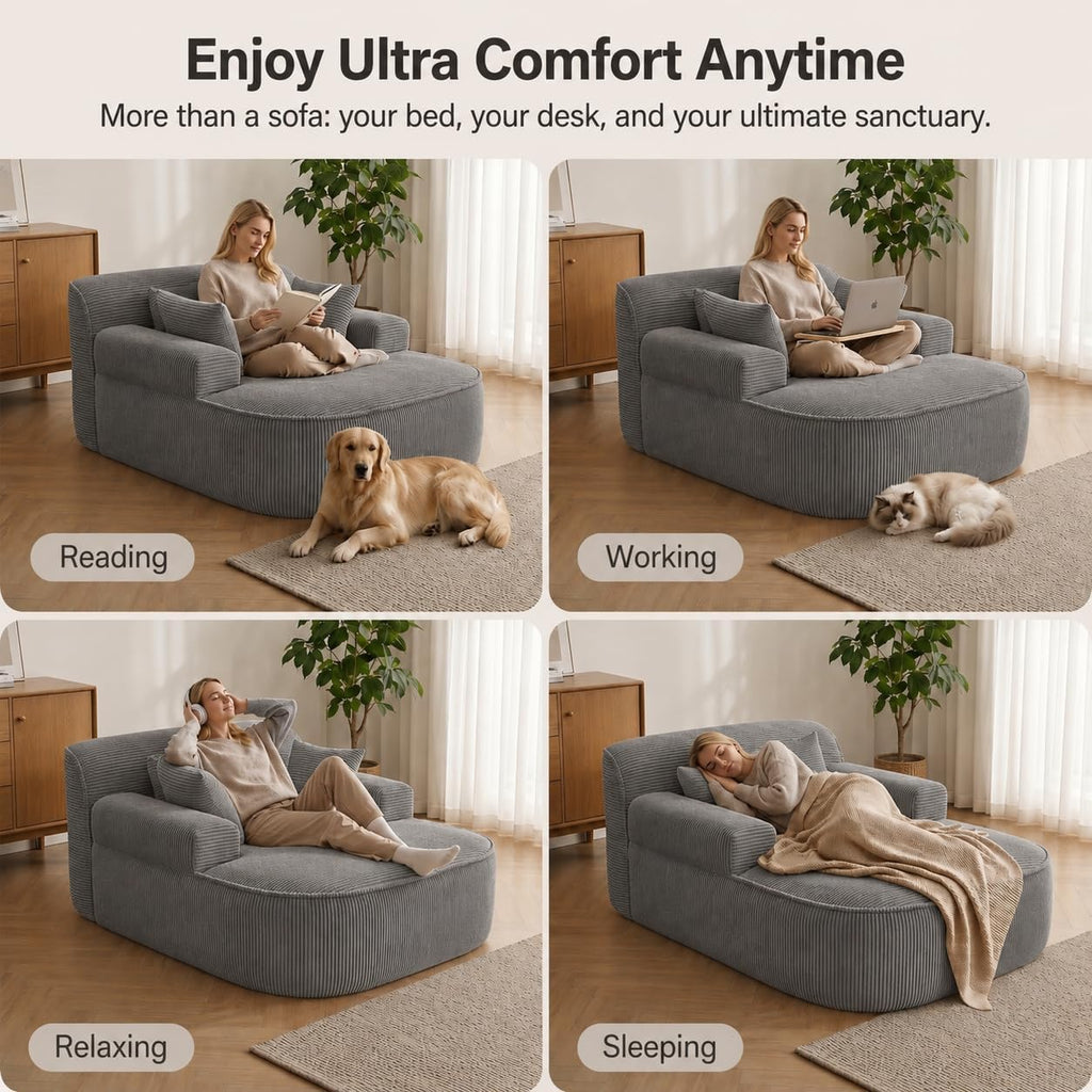 Oversized Chaise Lounge Chair Indoor, Couch Cloud Chair with 3 Comfy Pillows, Corduroy High-Density Foam Reading Chair, Wide Arms Bed Sleeper Sofa for Living Room Bedroom Relaxing
