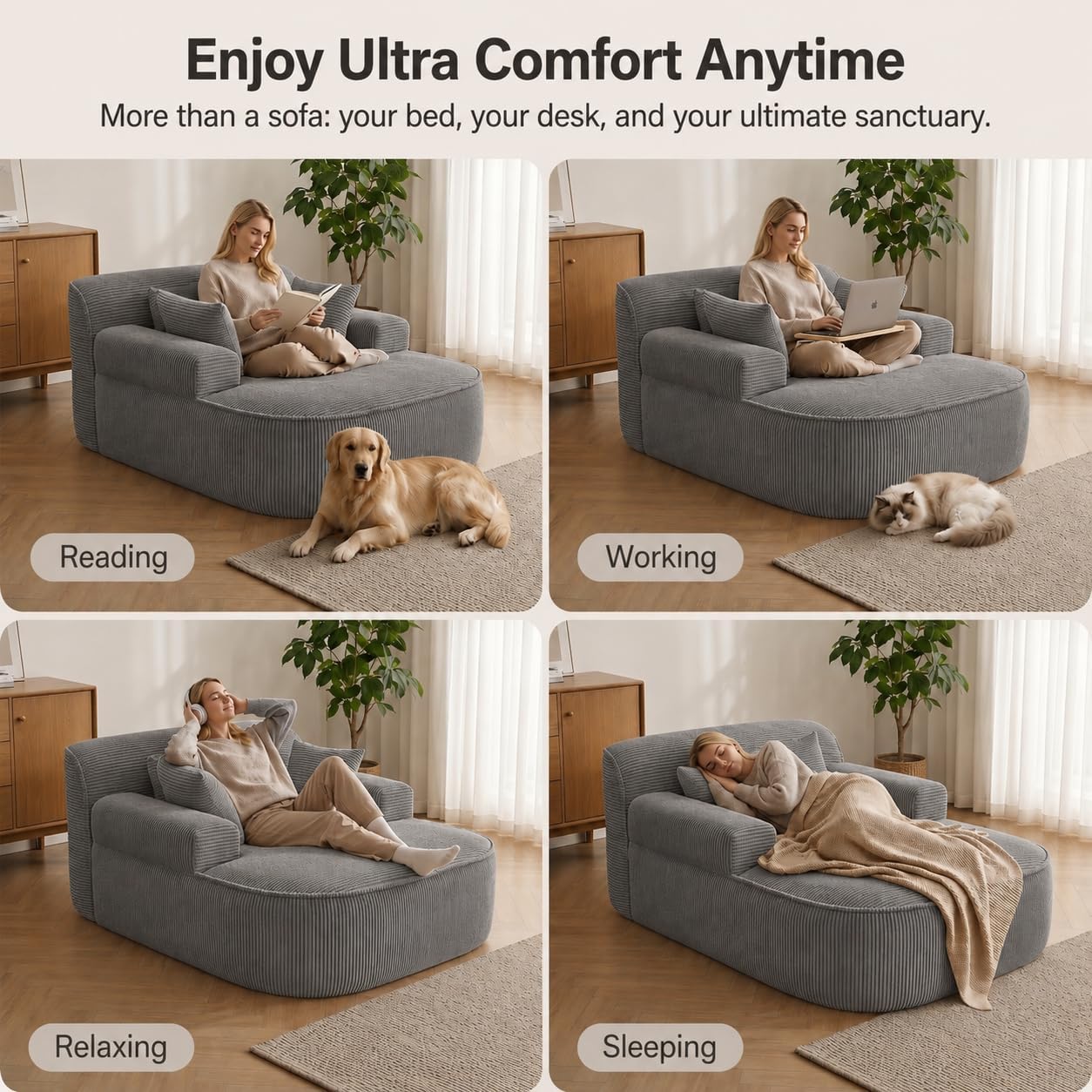 Oversized Chaise Lounge Chair Indoor, Couch Cloud Chair with 3 Comfy Pillows, Corduroy High-Density Foam Reading Chair, Wide Arms Bed Sleeper Sofa for Living Room Bedroom Relaxing