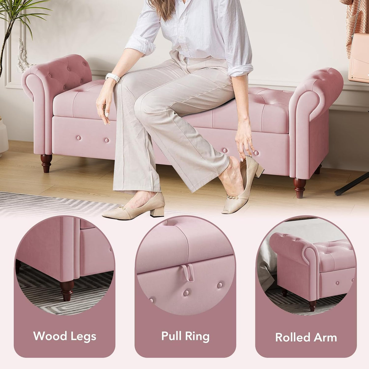 63" Wide Storage Bench, Velvet Upholstered End of Bed Bench with Pull Ring Design, Storage Shoe Cabinet Bench with Rolled Arm, Modern Window Bench for Bedroom (Pink)
