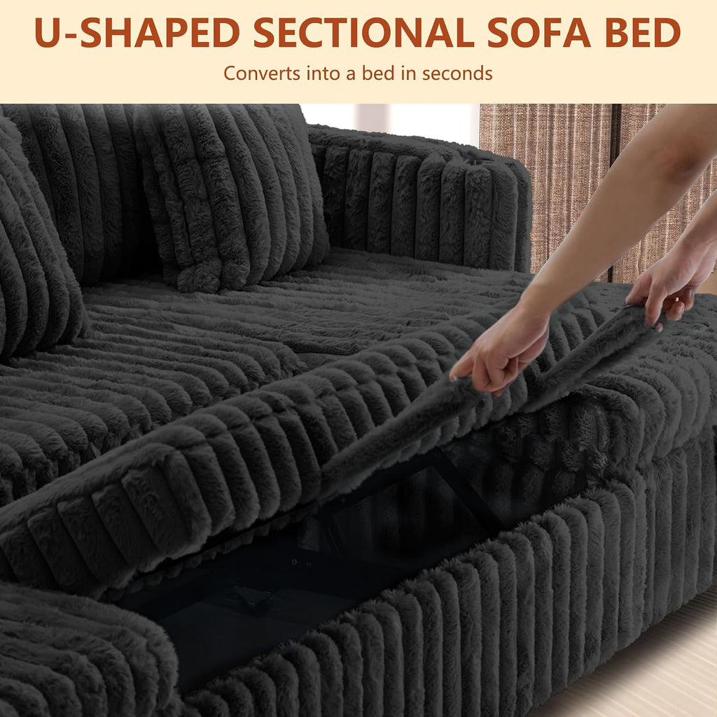 107'' Sectional Sleeper Sofa with Pull Out Bed, Storage Chaise, Adjustable Backrest, USB Charger, Cup Holder & Side Pocket, Fluffy Soft Corduroy U Shaped Couch for Living Room, Black