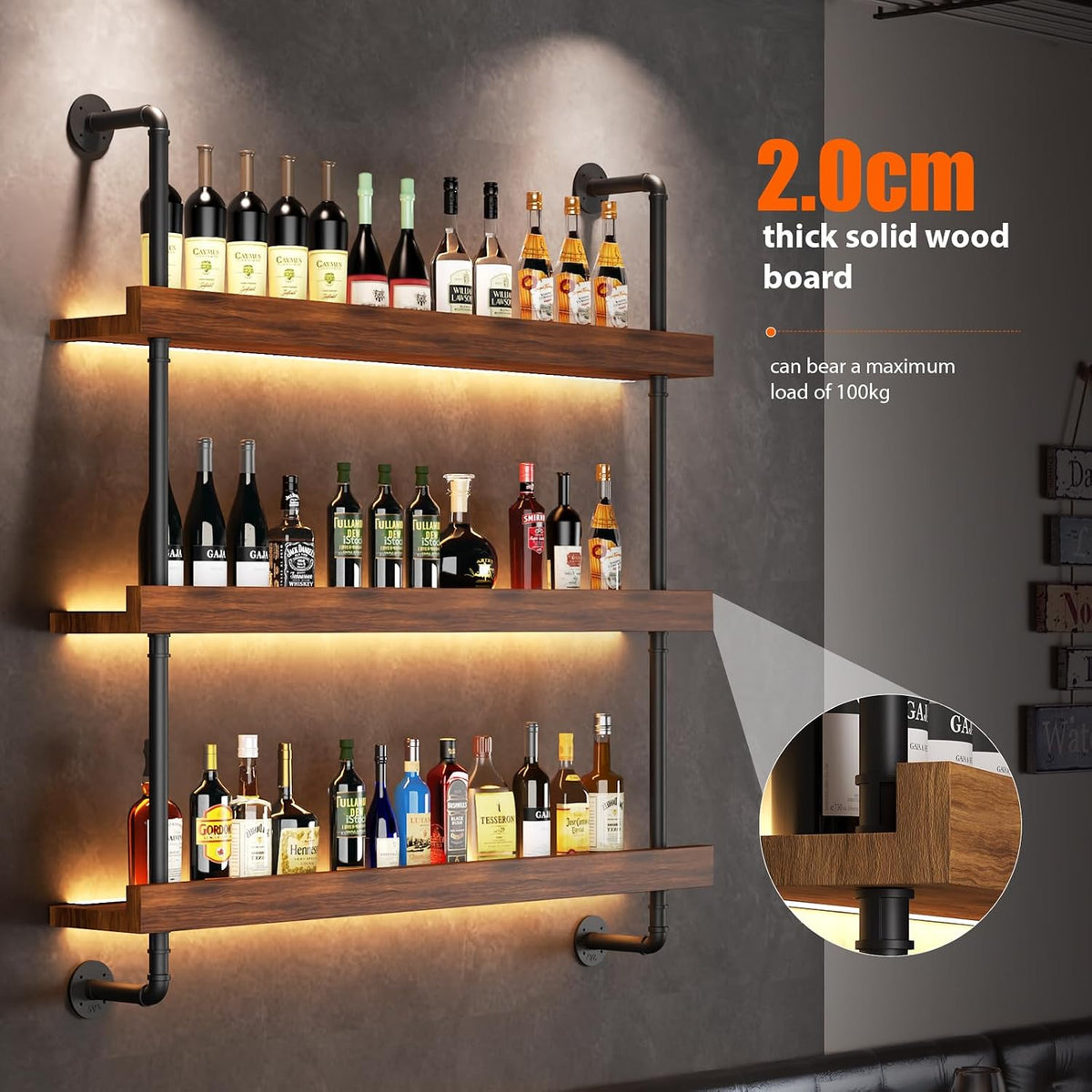 Large Wine Rack Wall Mounted with LED Light, Solid Wood Bar Shelves Wall Mounted, 3-Tiers Liquor Bottles Floating Shelves Display Storage Organizer for Home Bar, Dining Room (47.2 inch)