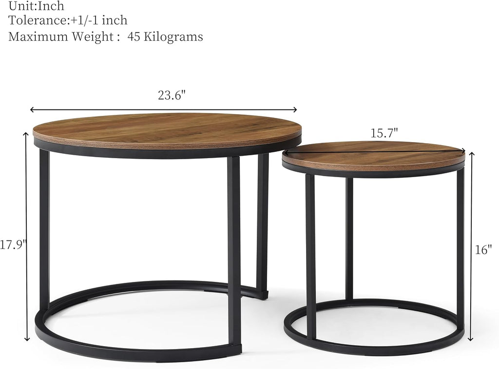 Nesting Coffee Table Set of 2, Steel Frame Circular Round Table Set, Modern Round Side Table with Non-Slip feet, Faux Marble End Tables for Living Room, Bedroom, Balcony (Walnut)