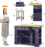 ONBRILL 47" Kitchen Island with Trash Can Storage, Include 2 Chairs, Blue | Stationary Island Table with Drop Leaf & Power Outlet, 3-Tier Spice Rack & Storage Cabinet with Adjustable Shelf