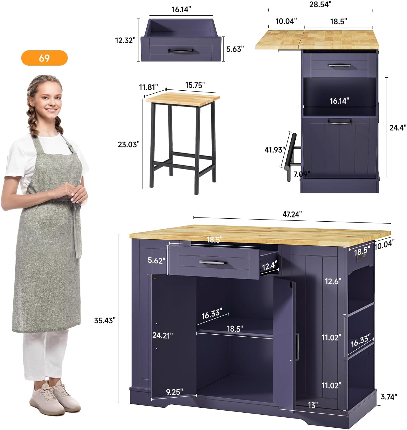 ONBRILL 47" Kitchen Island with Trash Can Storage, Include 2 Chairs, Blue | Stationary Island Table with Drop Leaf & Power Outlet, 3-Tier Spice Rack & Storage Cabinet with Adjustable Shelf